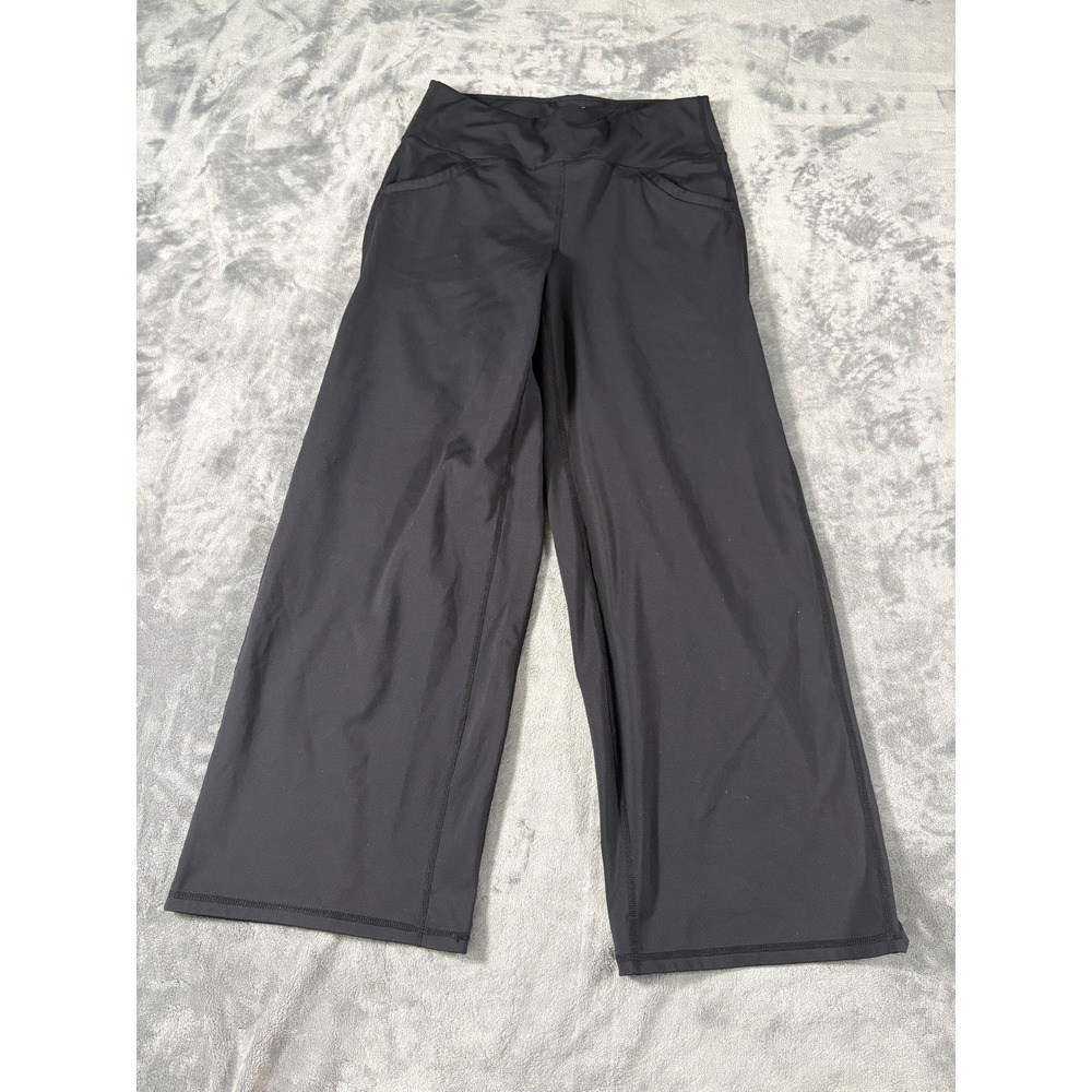 Promover Womens Wide Leg Yoga Pants L Black High Waist Pockets Spandex Stretch